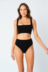 UNE PIECE-Crinkle Cut High-Waisted Bikini Bottom BLACK