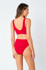 UNE PIECE-Crinkle Cut High-Waisted Bikini Bottom RED