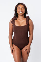 UNE PIECE-Crinkle Cut Square Neck One Piece CHOCOLATE