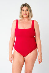 UNE PIECE-Crinkle Cut Square Neck One Piece RED