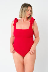 UNE PIECE-Crinkle Cut Square Neck One Piece RED