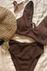 UNE PIECE-Crinkle Cut V-Neck Bikini Bralette with Ring CHOCOLATE