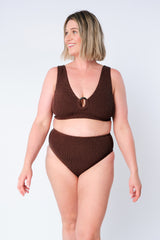 UNE PIECE-Crinkle Cut V-Neck Bikini Bralette with Ring CHOCOLATE