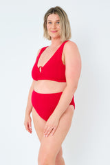 UNE PIECE-Crinkle Cut V-Neck Bikini Bralette with Ring RED