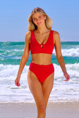 UNE PIECE-Crinkle Cut V-Neck Bikini Bralette with Ring RED
