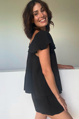 UNE PIECE-Ethereal Frill Top + Shorts Sleep Pyjama Set BLACK