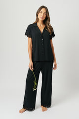 UNE PIECE-Lace Trim Modal Full Length Pyjama Set BLACK