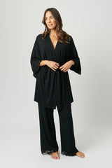 UNE PIECE-Lace Trim Modal Full Length Pyjama Set BLACK