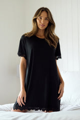 UNE PIECE-Lace Trim Sleep Tee Nightie BLACK