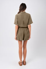 UNE PIECE-Short Sleeve Button-Up Shirt KHAKI