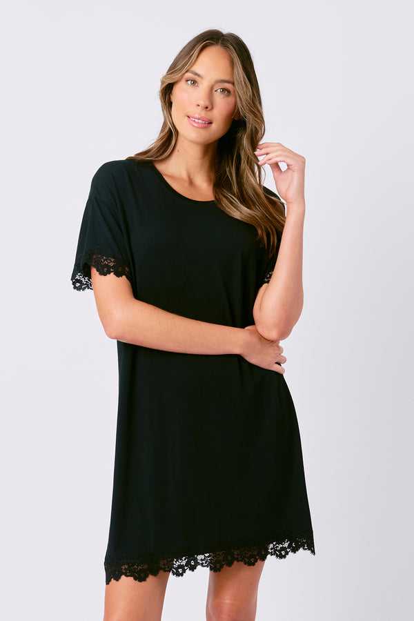Lace Trim Sleep Tee Nightie BLACK