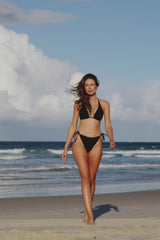 Crinkle Cut Longline String Bikini Top BLACK