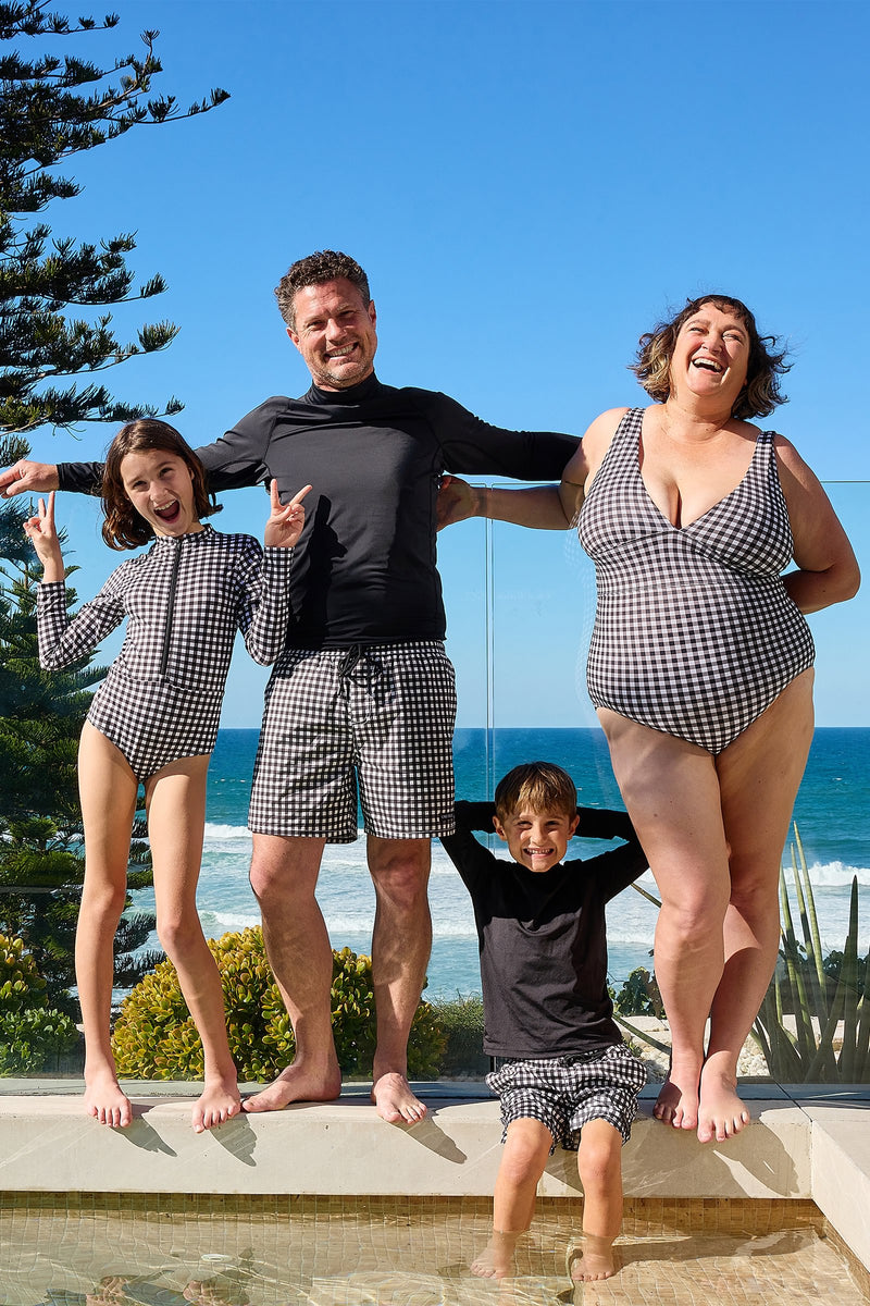 UNE PIECE-Boys Swim Shorts BLACK GINGHAM