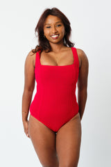 UNE PIECE-Crinkle Cut Square Neck One Piece RED