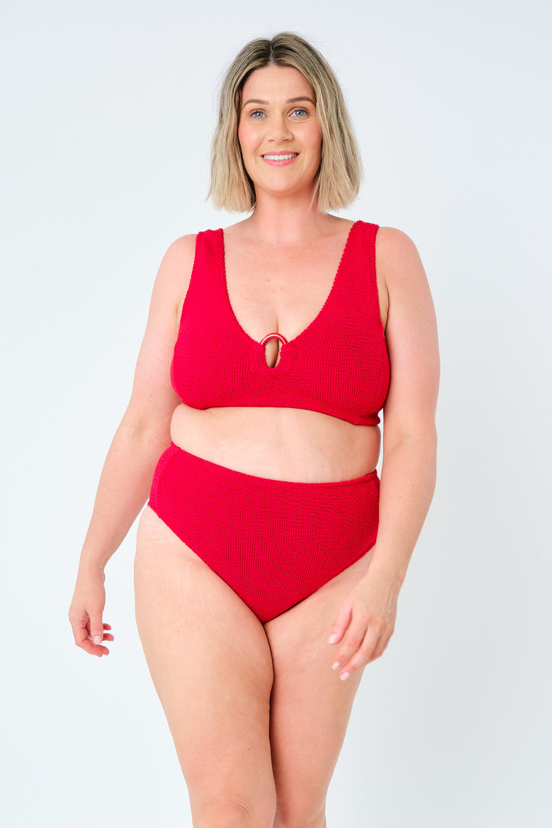 UNE PIECE-Crinkle Cut V-Neck Bikini Bralette with Ring RED