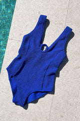 UNE PIECE-Crinkle Cut V-Neck One Piece with Ring COBALT BLUE