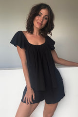 UNE PIECE-Ethereal Frill Top + Shorts Sleep Pyjama Set BLACK