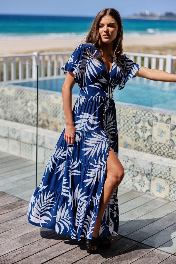 UNE PIECE-Floaty Sleeve Maxi Dress PALM SILHOUETTE NAVY