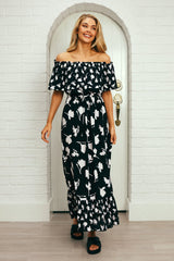 UNE PIECE-Frill Off-Shoulder Maxi Dress MAGNOLIA SILHOUETTE BLACK