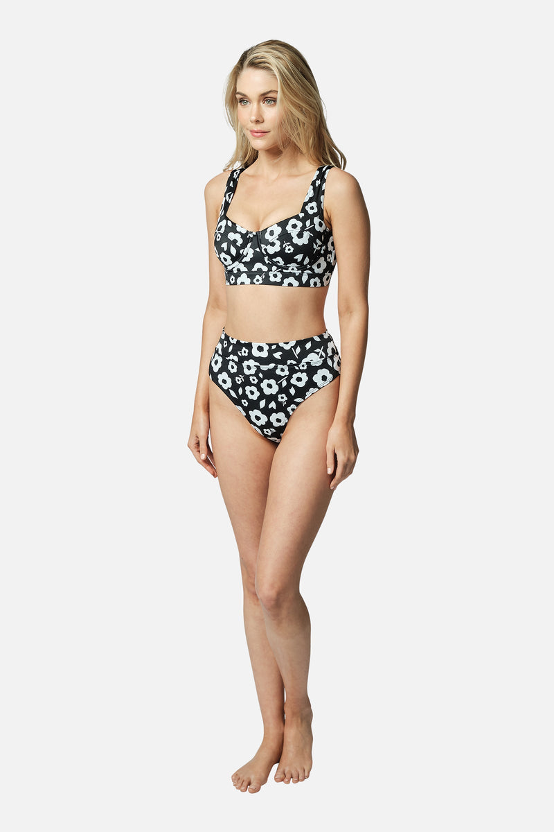 UNE PIECE-High-Cut High-Waisted Bikini Bottom DAISY SILHOUETTE BLACK