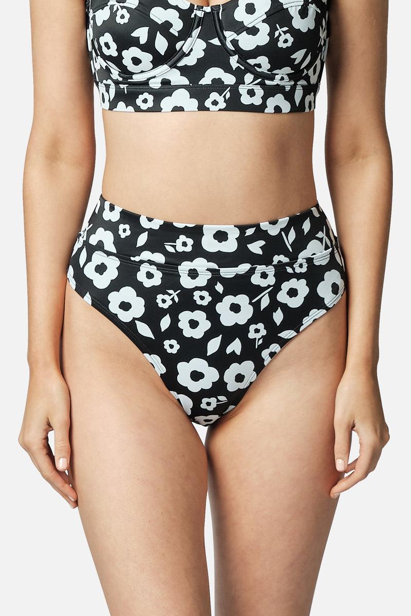 UNE PIECE-High-Cut High-Waisted Bikini Bottom DAISY SILHOUETTE BLACK