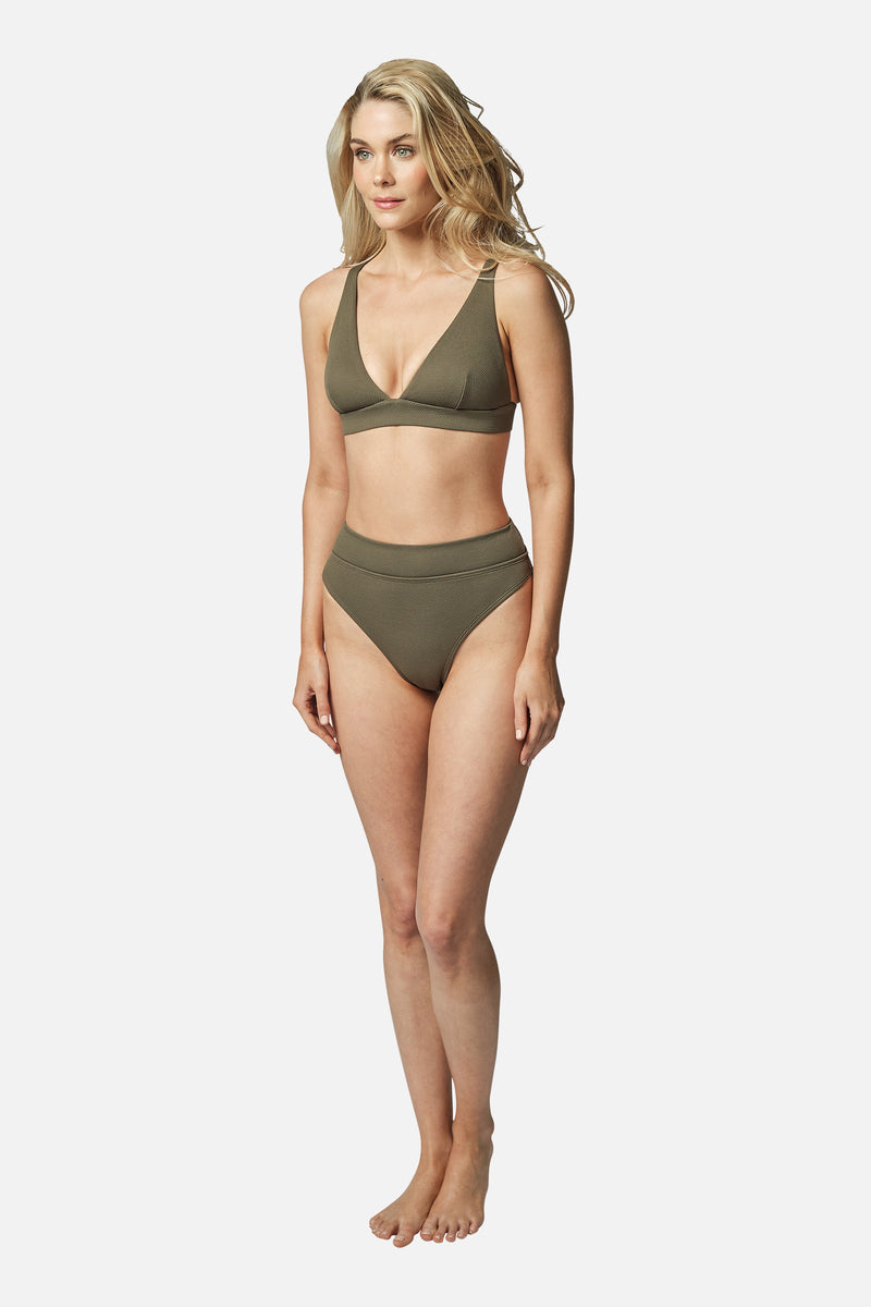 UNE PIECE-High-Cut High-Waisted Bikini Bottom KHAKI TEXTURE