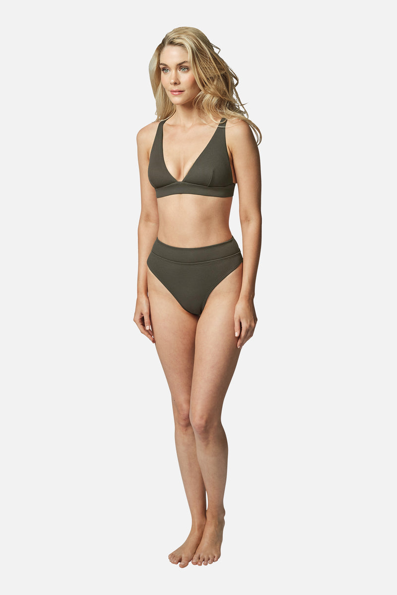 UNE PIECE-High-Cut High-Waisted Bikini Bottom KHAKI TEXTURE