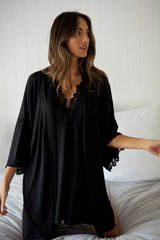 UNE PIECE-Lace Trim Modal Robe BLACK