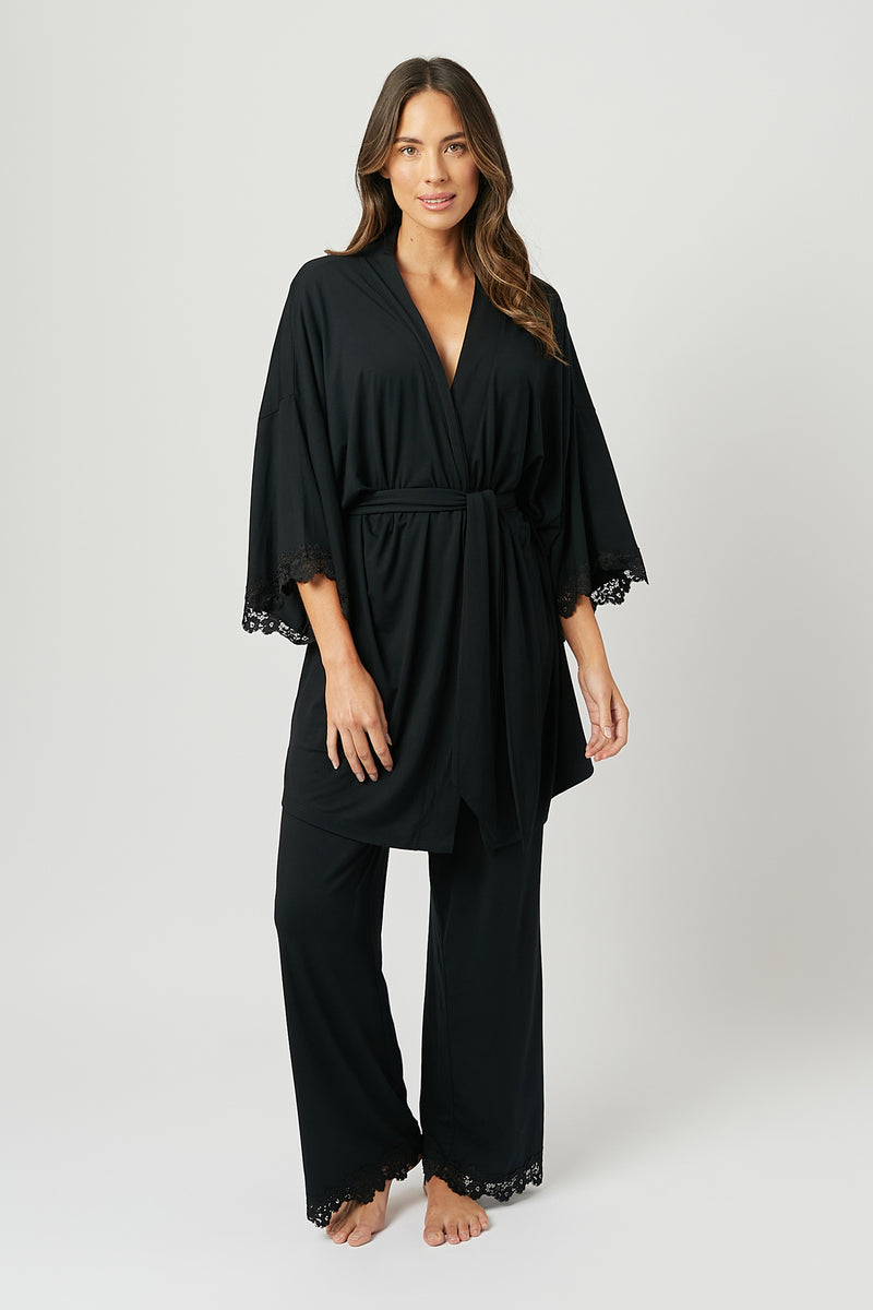 UNE PIECE-Lace Trim Modal Robe BLACK