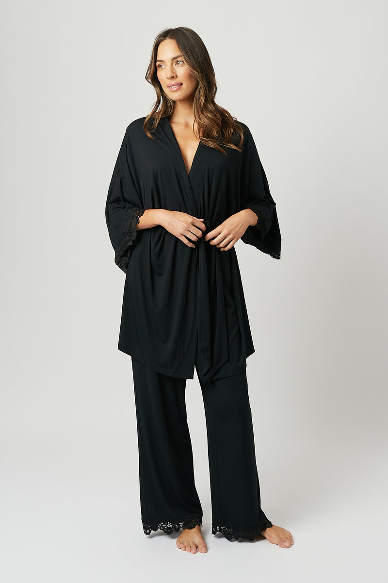 UNE PIECE-Lace Trim Modal Robe BLACK