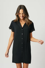 UNE PIECE-Lace Trim Sleep Shirt Nightie BLACK