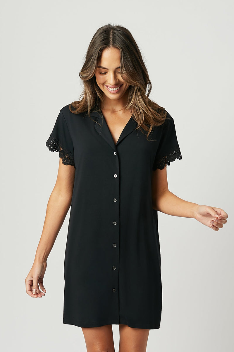 UNE PIECE-Lace Trim Sleep Shirt Nightie BLACK