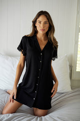 UNE PIECE-Lace Trim Sleep Shirt Nightie BLACK