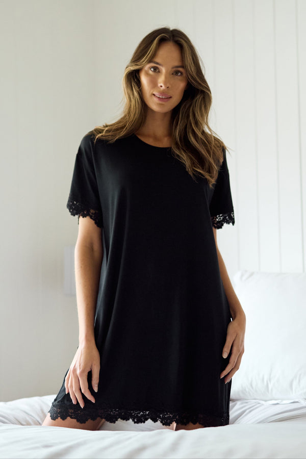 UNE PIECE-Lace Trim Sleep Tee Nightie BLACK