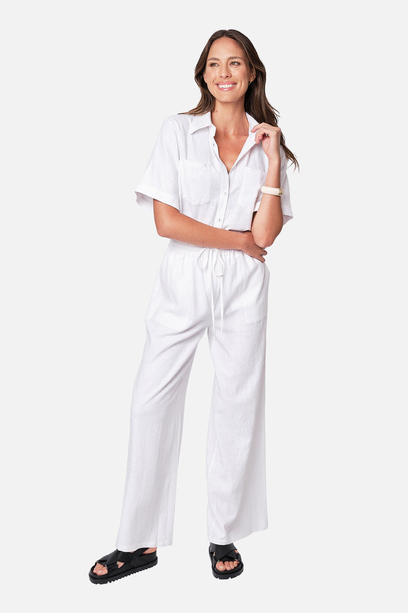 UNE PIECE-Linen Short Sleeve Button-Up Shirt WHITE
