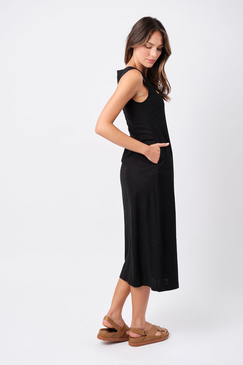 UNE PIECE-Linen Square Neck Midi Dress BLACK