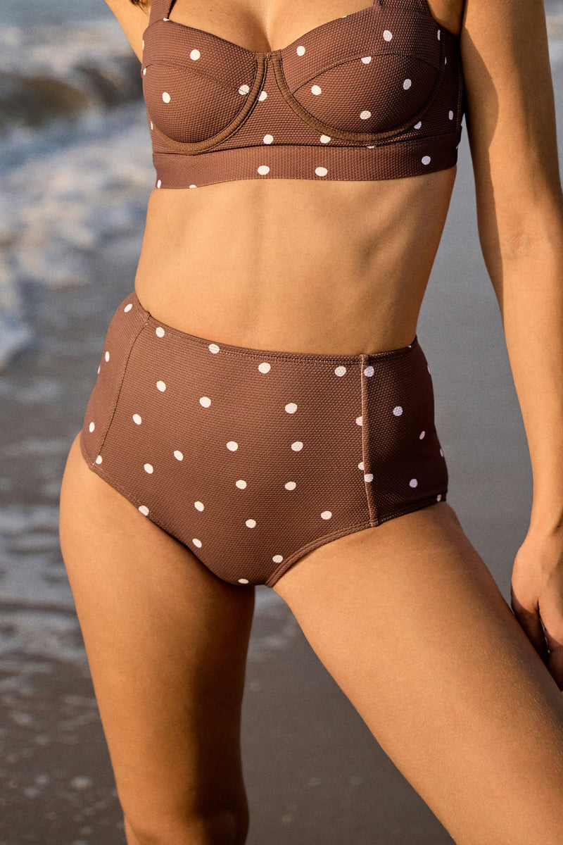 UNE PIECE-Never Say Never High-Waisted Bikini Bottom CHOCOLATE POLKA TEXTURE