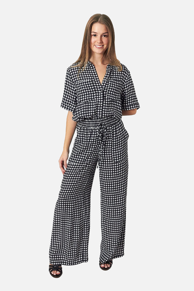 UNE PIECE-Short Sleeve Button-Up Shirt BLACK GINGHAM