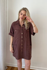 UNE PIECE-Short Sleeve Linen Dress CHOCOLATE