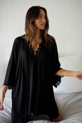 UNE PIECE US-(Bundle) Lace Trim V-Neck Nightie + Modal Robe BLACK