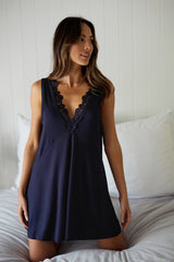 UNE PIECE US-(Bundle) Lace Trim V-Neck Nightie + Modal Robe NAVY