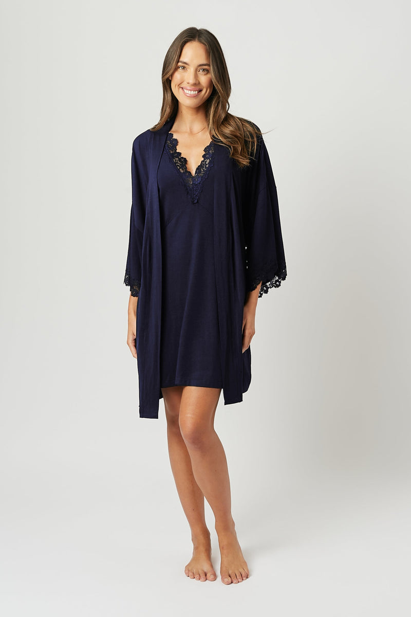 UNE PIECE US-(Bundle) Lace Trim V-Neck Nightie + Modal Robe NAVY
