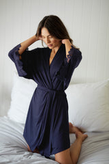 UNE PIECE US-(Bundle) Lace Trim V-Neck Nightie + Modal Robe NAVY